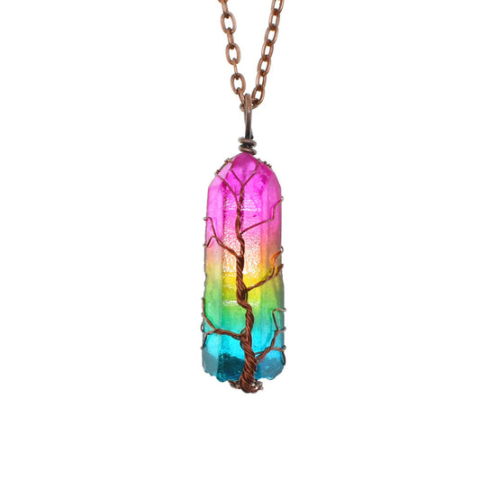 Tree of Life Rainbow Crystal Pendant Necklace – Natural Stone, Copper Wire Wrapped transparent crystal pendant