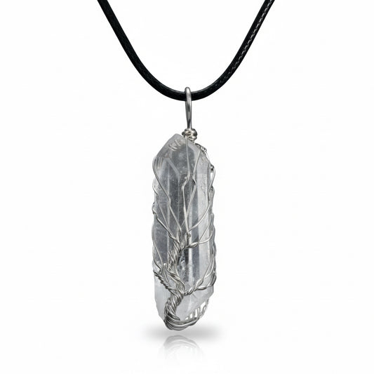 Tree of Life Crystal Pendant Necklace –Natural Stone, Copper Wire Wrapped transparent crystal pendant
