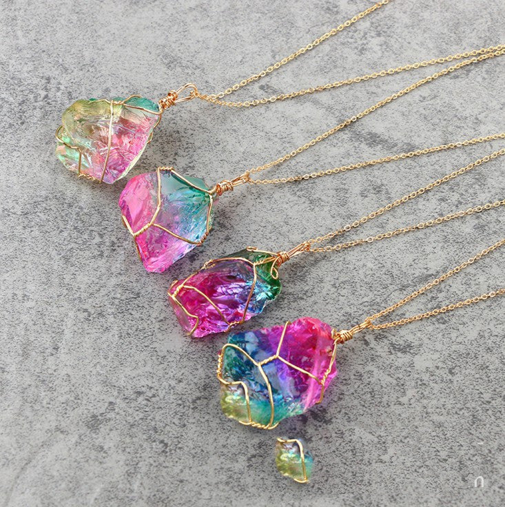 Rainbow Crystal Pendant Necklace – Natural Stone, Copper Wire Wrapped transparent  crystal pendant.