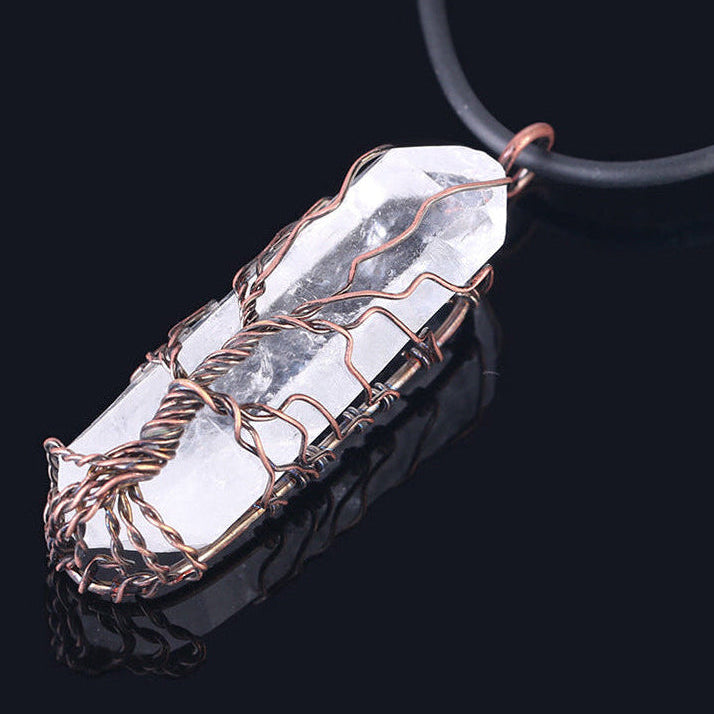 Tree of Life Crystal Pendant Necklace –Natural Stone, Copper Wire Wrapped transparent crystal pendant