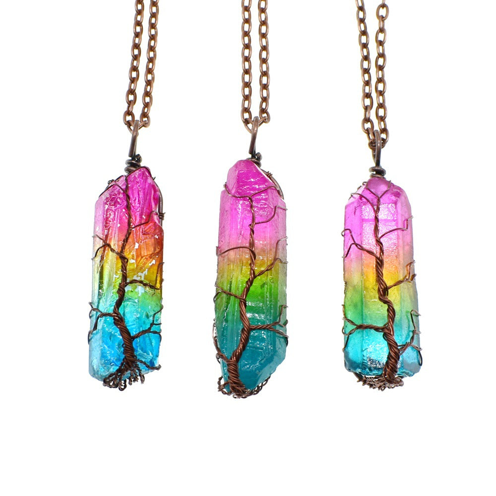 Tree of Life Rainbow Crystal Pendant Necklace – Natural Stone, Copper Wire Wrapped transparent crystal pendant