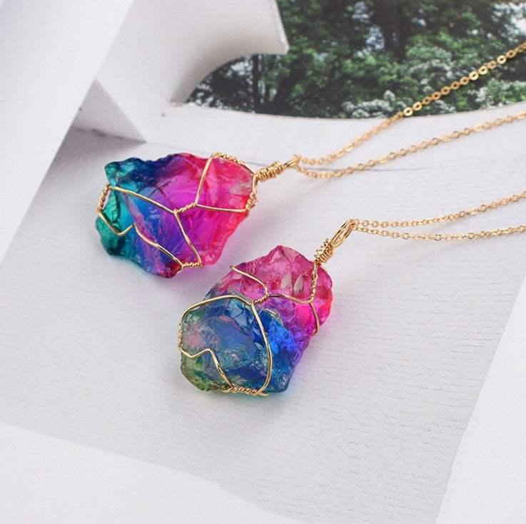 Rainbow Crystal Pendant Necklace – Natural Stone, Copper Wire Wrapped transparent  crystal pendant.