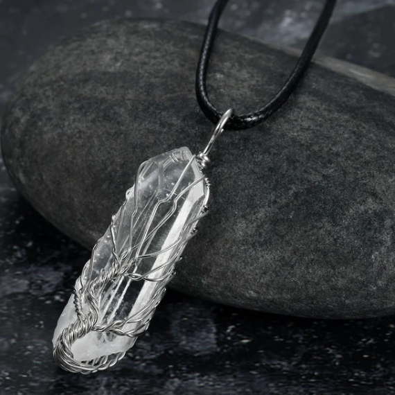 Tree of Life Crystal Pendant Necklace –Natural Stone, Copper Wire Wrapped transparent crystal pendant