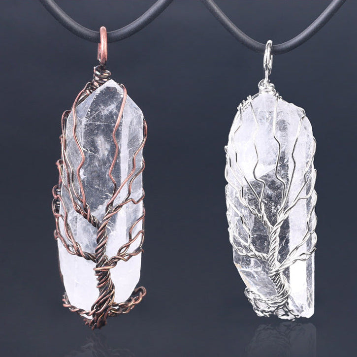 Tree of Life Crystal Pendant Necklace –Natural Stone, Copper Wire Wrapped transparent crystal pendant