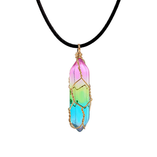 Rainbow Crystal Pendant Necklace –Natural Stone, Copper Wire Wrapped transparent crystal pendant