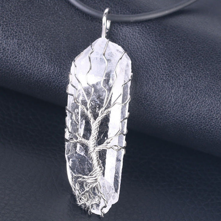 Tree of Life Crystal Pendant Necklace –Natural Stone, Copper Wire Wrapped transparent crystal pendant