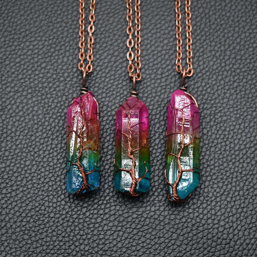 Tree of Life Rainbow Crystal Pendant Necklace – Natural Stone, Copper Wire Wrapped transparent crystal pendant