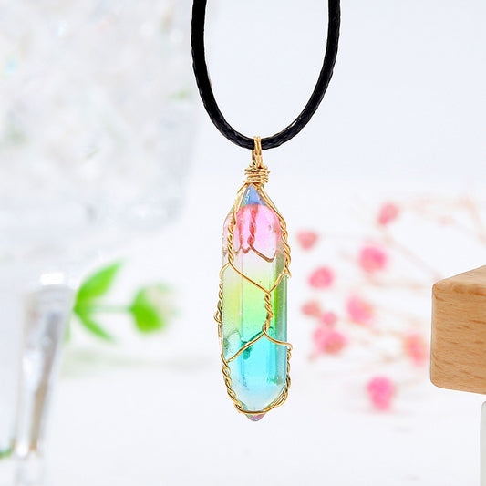 Rainbow Crystal Pendant Necklace –Natural Stone, Copper Wire Wrapped transparent crystal pendant