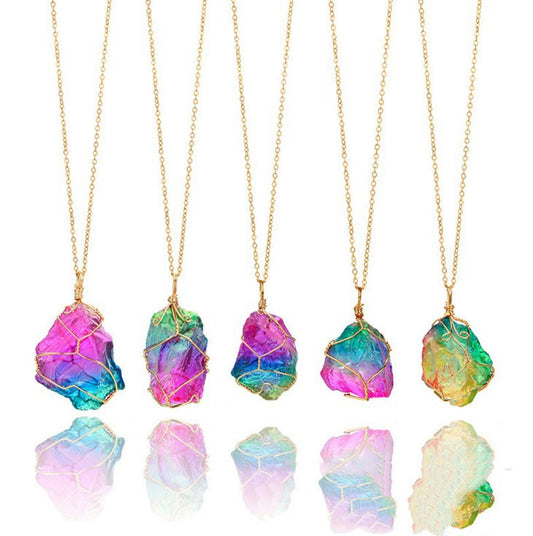 Rainbow Crystal Pendant Necklace – Natural Stone, Copper Wire Wrapped transparent  crystal pendant.