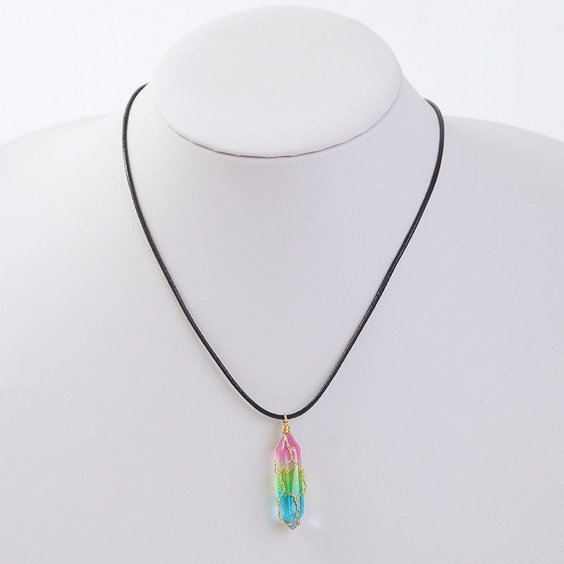 Rainbow Crystal Pendant Necklace –Natural Stone, Copper Wire Wrapped transparent crystal pendant