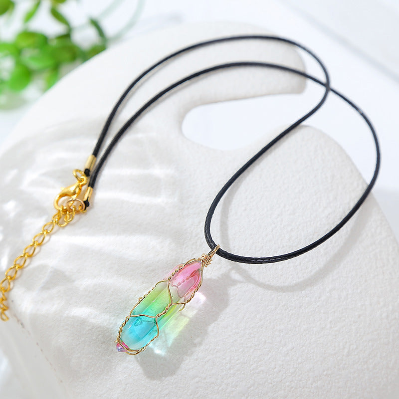 Rainbow Crystal Pendant Necklace –Natural Stone, Copper Wire Wrapped transparent crystal pendant