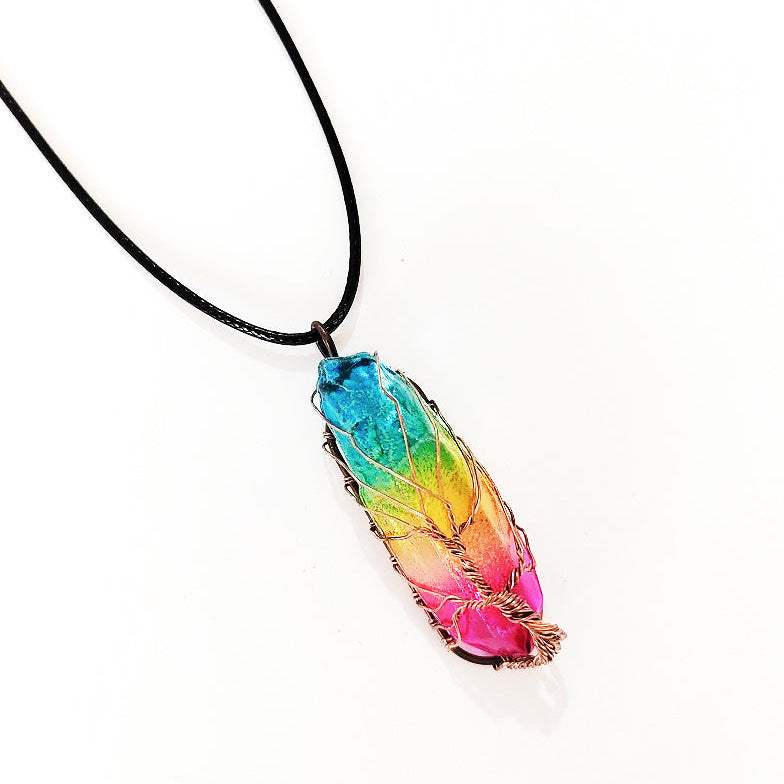 Tree of Life Rainbow Crystal Pendant Necklace – Natural Stone, Copper Wire Wrapped transparent crystal pendant
