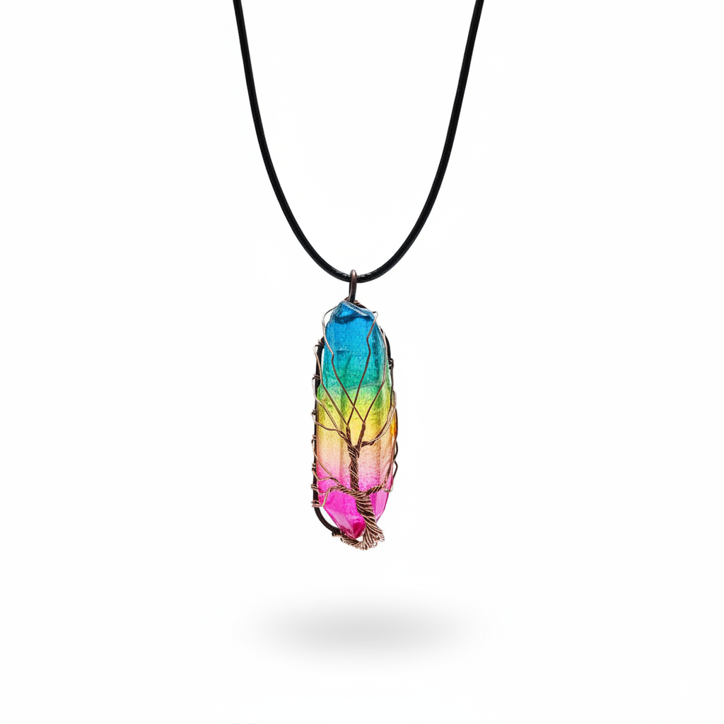 Tree of Life Rainbow Crystal Pendant Necklace – Natural Stone, Copper Wire Wrapped transparent crystal pendant
