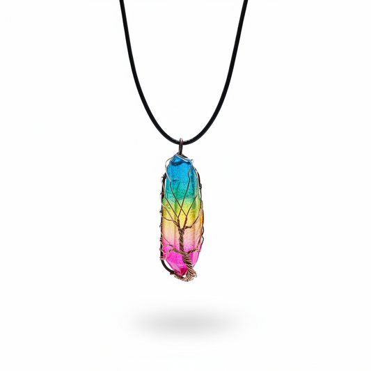 Tree of Life Rainbow Crystal Pendant Necklace – Natural Stone, Copper Wire Wrapped transparent crystal pendant