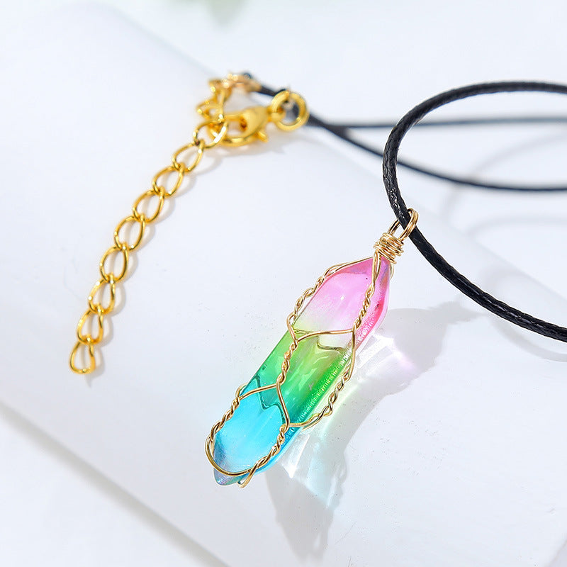 Rainbow Crystal Pendant Necklace –Natural Stone, Copper Wire Wrapped transparent crystal pendant