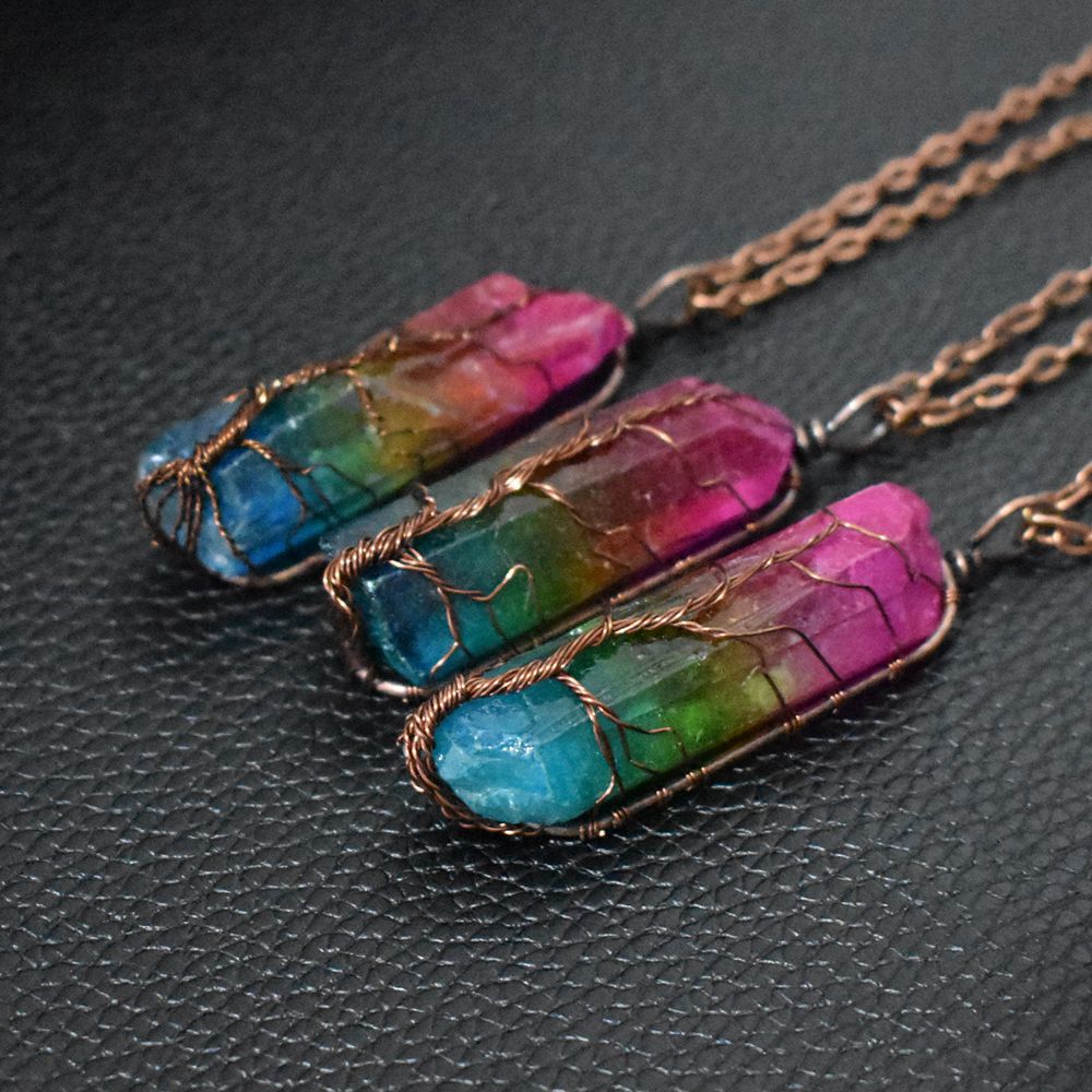 Tree of Life Rainbow Crystal Pendant Necklace – Natural Stone, Copper Wire Wrapped transparent crystal pendant