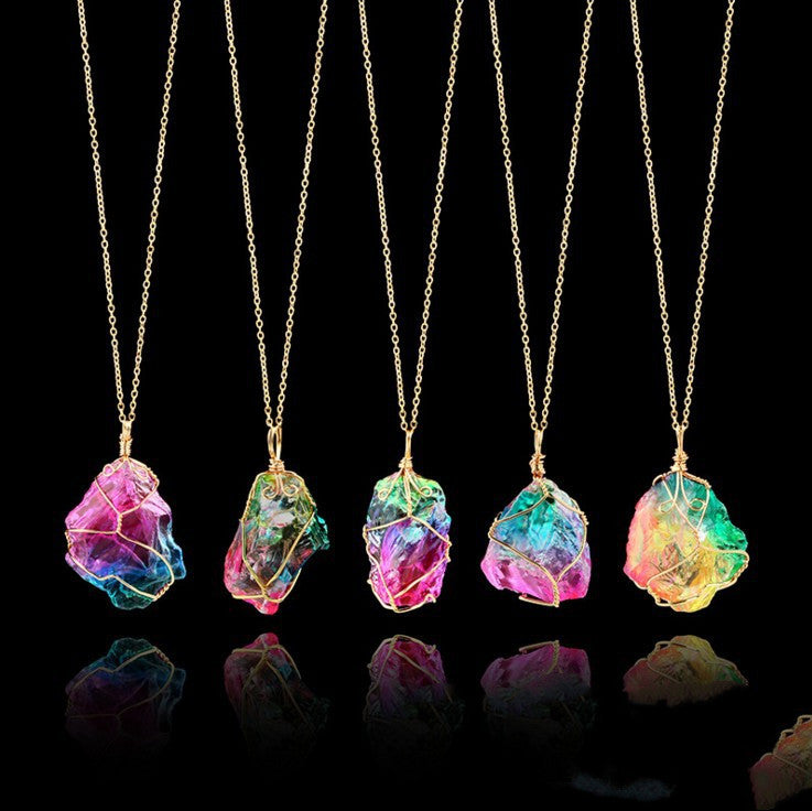 Rainbow Crystal Pendant Necklace – Natural Stone, Copper Wire Wrapped transparent  crystal pendant.