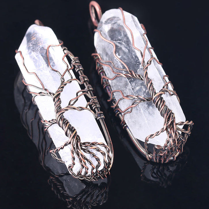 Tree of Life Crystal Pendant Necklace –Natural Stone, Copper Wire Wrapped transparent crystal pendant