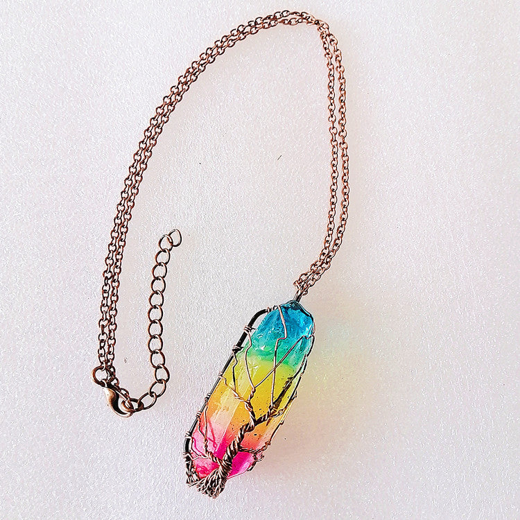 Tree of Life Rainbow Crystal Pendant Necklace – Natural Stone, Copper Wire Wrapped transparent crystal pendant