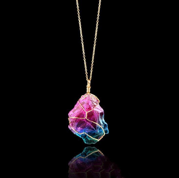 Rainbow Crystal Pendant Necklace – Natural Stone, Copper Wire Wrapped transparent  crystal pendant.