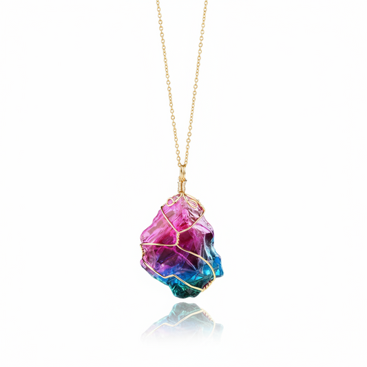 Rainbow Crystal Pendant Necklace – Natural Stone, Copper Wire Wrapped transparent  crystal pendant.