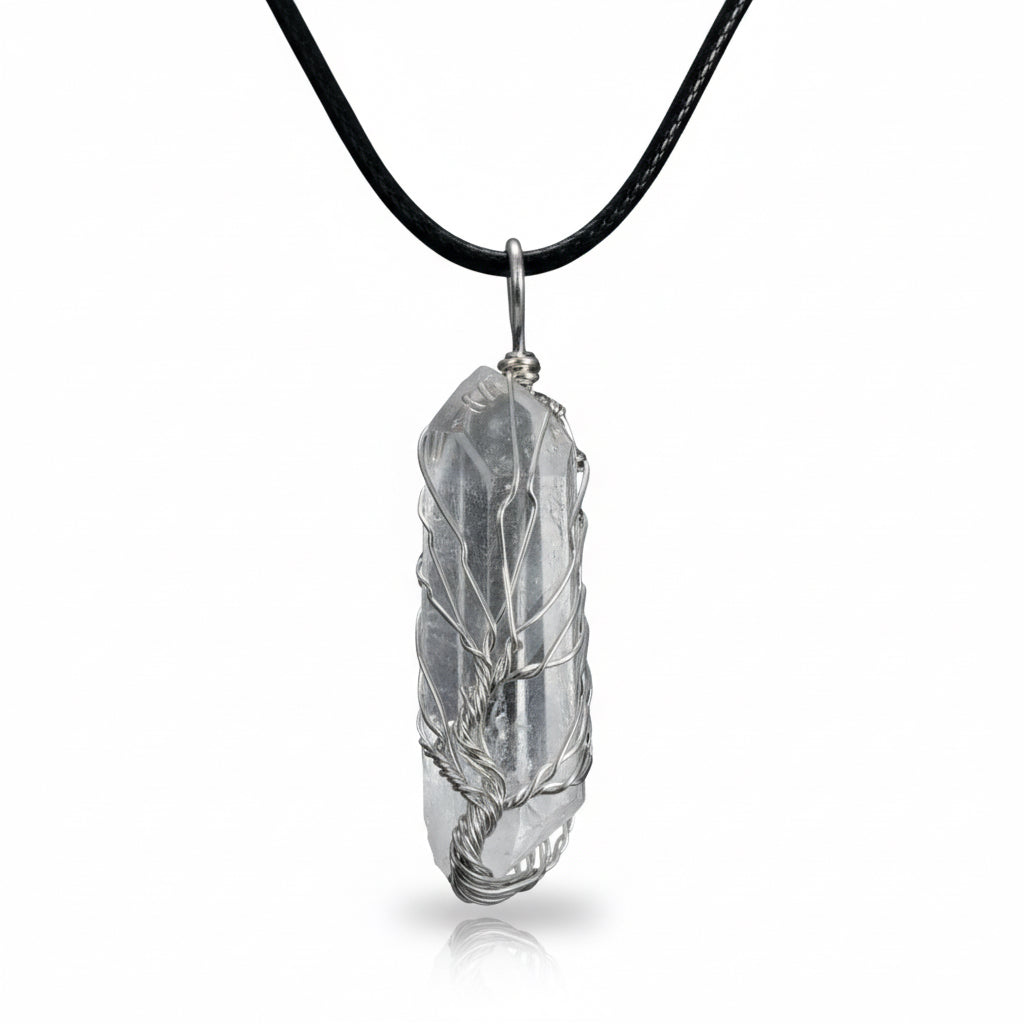 Tree of Life Crystal Pendant Necklace –Natural Stone, Copper Wire Wrapped transparent crystal pendant