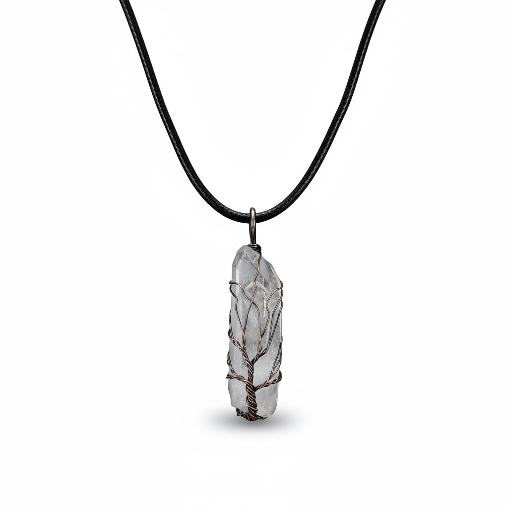 Tree of Life Crystal Pendant Necklace –Natural Stone, Copper Wire Wrapped transparent crystal pendant