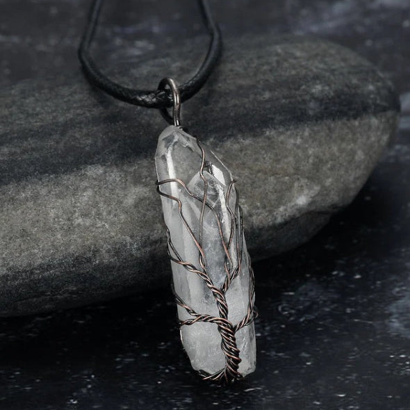 Tree of Life Crystal Pendant Necklace –Natural Stone, Copper Wire Wrapped transparent crystal pendant